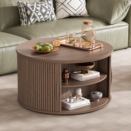 Image of JOINICE Round Lift Top Coffee Table with Storage for Living Room,Walnut | 31.5 inch Drum Design,Hidden Storage&Open Shelf,Modern Fluted Center Table for Small Apartments,Easy Assembly,Up to 150 lbs