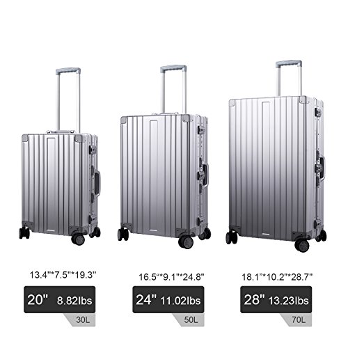 Travelking All Aluminum Carry On Luggage Zipperless Hard Shell Luggage Case With Tsa Lock Spinner Alloy Metal Suitcase (Silver, 20") #TOP5