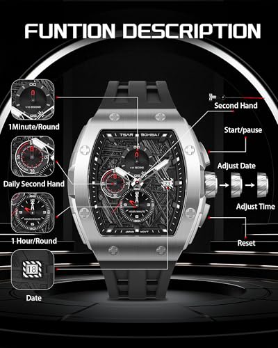 Image of TSAR BOMBA Men's Luxury Quartz Watch, Luminous Dial 5ATM Water Resistance Silicone Strap Men's Wristwatch Ideal Gift for Men