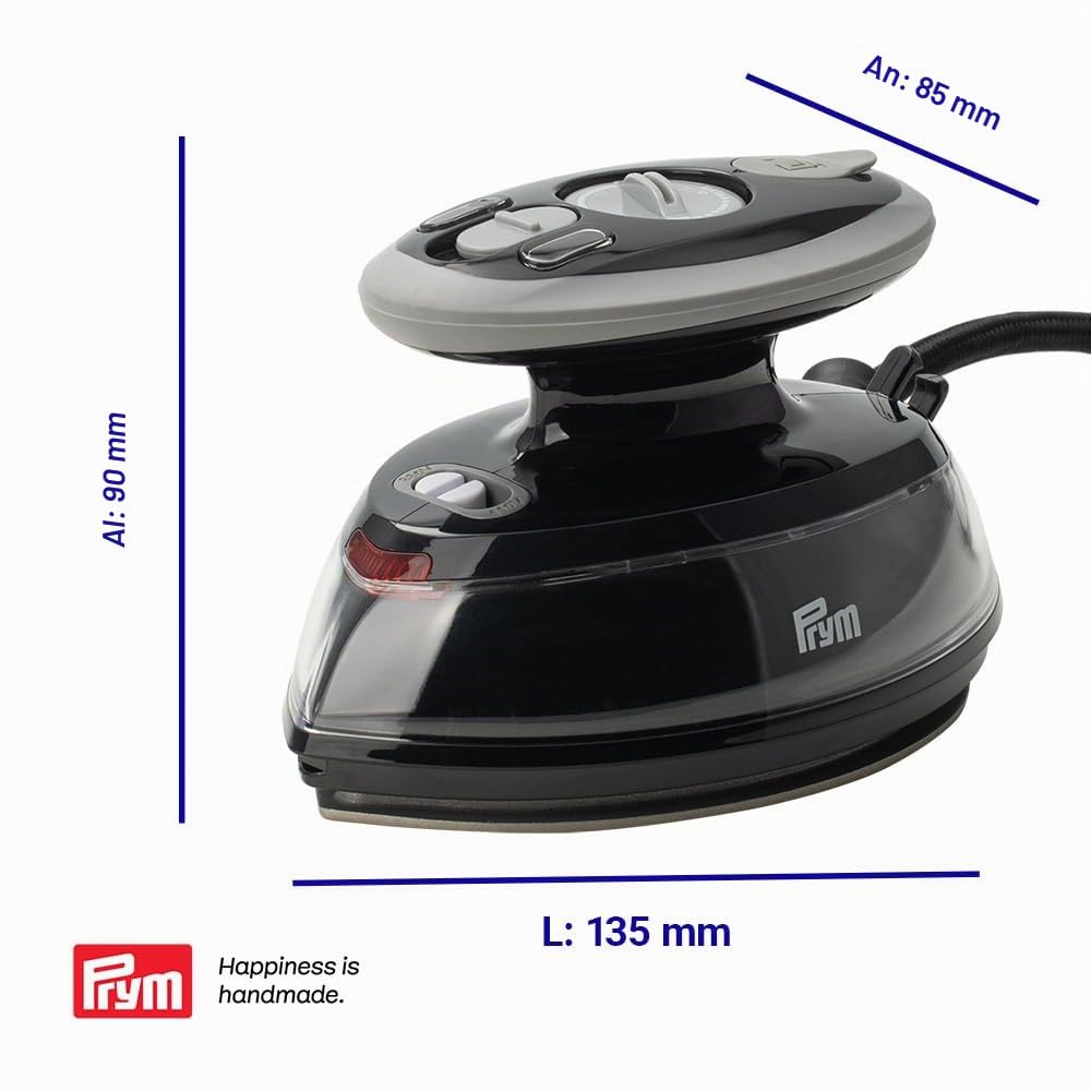 Prym Mini plancha de vapor negra con bandeja de silicona y estuche de almacenamiento, 400 W, temperatura ajustable (110 – 240 V), ideal para costura, patchwork y viajes