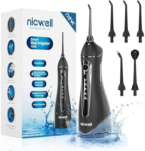 Nicwell - Irrigador bucal para dientes inalámbricos, modos de bricolaje, hilo dental eléctrico con 5 puntas de chorro, hilo dental impermeable IPX7, uso recargable por USB para viajes