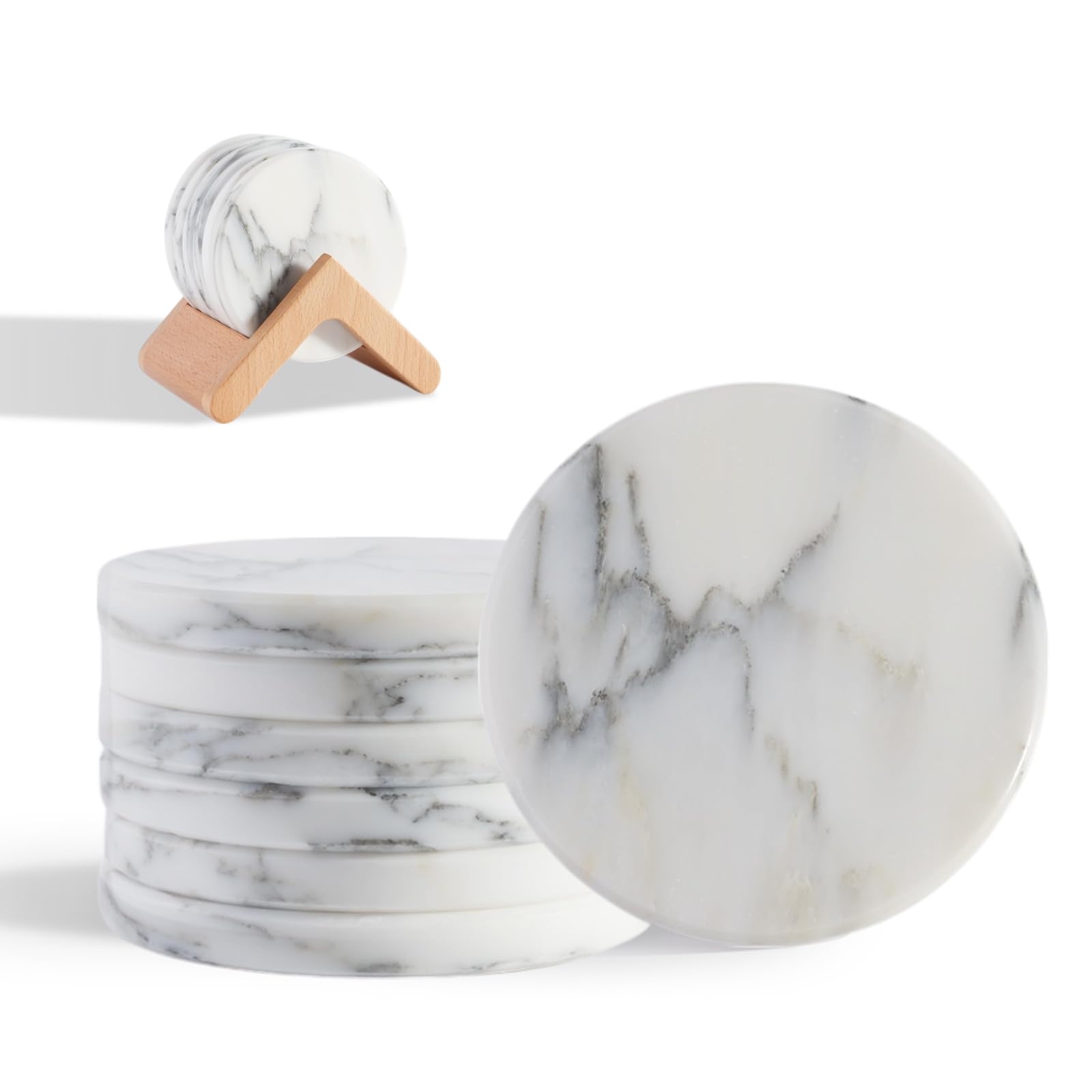 BCS Marble Coasters Set of 6 with Holder - Premium White Stone Drink Coasters, Durable Cup Mats for Coffee, Beer, Wine - Non-Slip Modern Table Decor