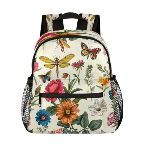 Retro Flowers Dragonflies Butterflies Toddler Backpack for Boys Girls, Lightweight Waterproof Kids Backpack 12 Inch with Chest Strap, Casual Daypack Kindergarten Preschool Daycare Bag