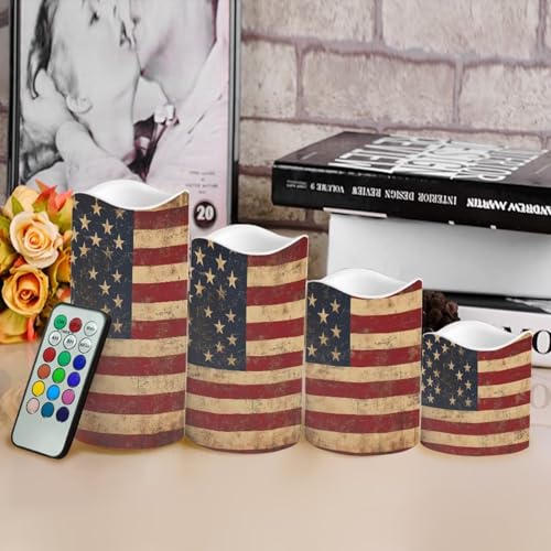 Image of Retro American Flag Plastic Flameless Candles with Remote Control and Timer LED Flickering Battery Operated Color Changing Electric Pillar Candles Decoration