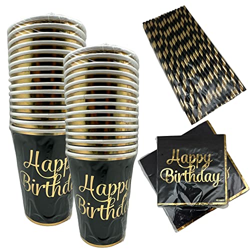 Serves 30 Complete Party Pack Happy Birthday Party Supplies 9" Dinner Paper Plates 7" Dessert Paper Plates 12 Oz Cups 3 Ply Napkins Happy Birthday Party Supplies Gold Foil #TOP4