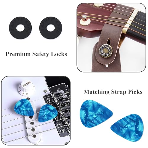 Czzmy Adjustable Guitar Strap Includes 2 Strap Locks & 2 Matching Picks.Leather ends Guitar Shoulder Strap Suitable for Acoustic Guitar,Electric Guitar,Gift for Guitarist(1-Carved Light Blue) - Image 4