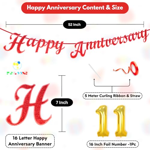 Image of Flyloons 11th Happy Anniversary Banner Red Decorations Kit for Men Women Wedding Anniversary Banner Items without Balloons
