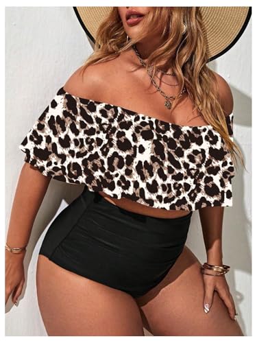 Verdusa Women's Plus Size Leopard Print Tankini Swimsuit Off Shoulder Short Sleeve Bathing Suit3