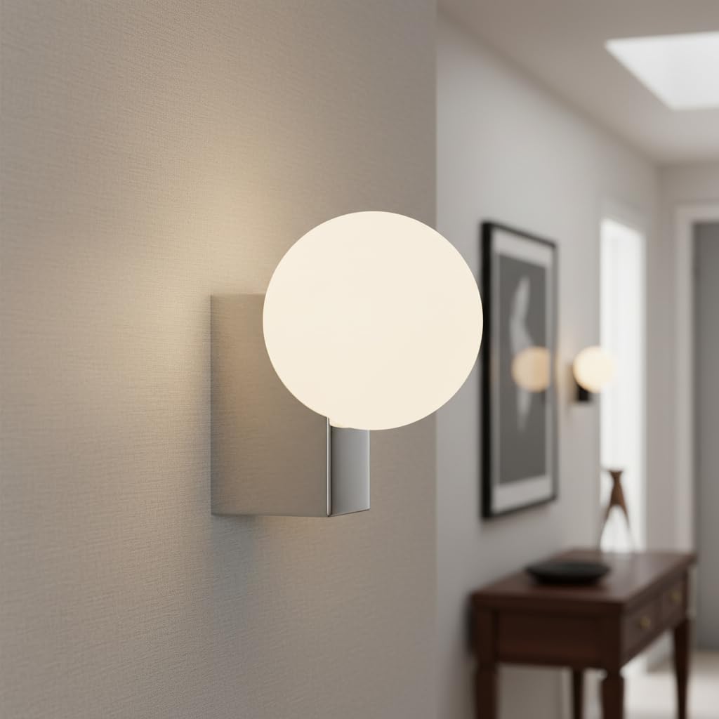 BARCELONA LED Applique Murale SIDERAL BARCELONA LED avec Boule en Verre Opalin, Lampe Murale Intérieure Minimaliste Moderne avec Base en Aluminium Chrome, G9 pour Chambre Salle de Bain Couloir Salon