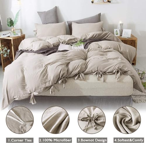 Image of annadaif Khaki Duvet Cover Full Size, 3 Pieces Duvet Cover Set | Soft Washed Comforter Cover ,Bowknot Bow Tie, (1 Duvet Cover 79x90 Inch, 2 Pillowcases) ,Easy Care Bedding Set