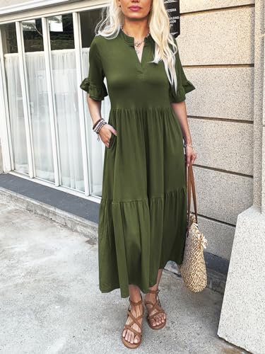 Image of Mieazom Short Sleeves Maxi Dress for Women A Line Summer Dress V Neck Casual Loose Tiered Long Dresses with Pockets
