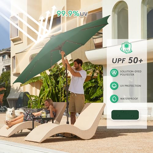 Image of JEAREY 9FT Outdoor Patio Umbrella with Solar Lights, LED Lighted Pool Umbrella with Tilt and Crank, Outdoor Table Umbrellas for Deck, Yard & Market (Dark Green)