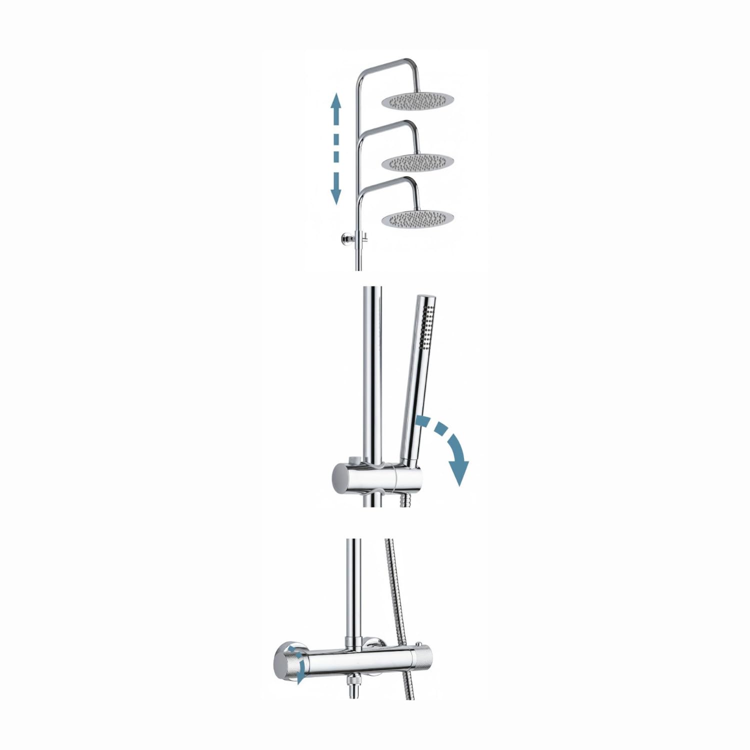 Robinet de Douche Thermostatique Chromé - Colonne de Douche Ronde (Pluie Ø200mm), Douchette, Anti-Calcaire, Sécurité 38°C (ROND, CHROME BLANC)