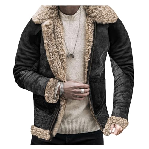 Mens Sherpa Lined Leather Jacket Suede Exterior Faux Fur Collar Winter Sheepskin Shearling Coat for Casual