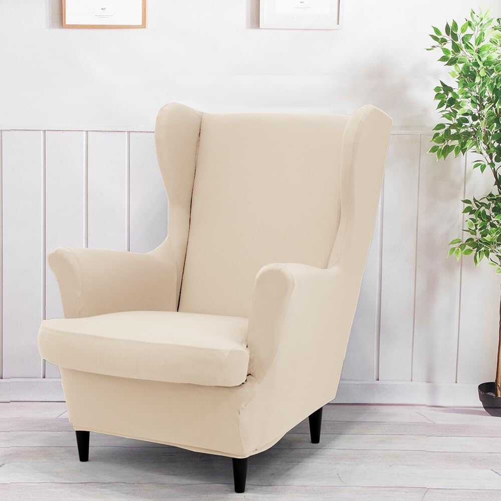 BUAOGDVG 2 Pieces Stretch Wingback Chair Slipcovers Solid Color Single Seater Chair Cover, Spandex Non-Slip Washable for Bar Living Room Bedroom(Beige)