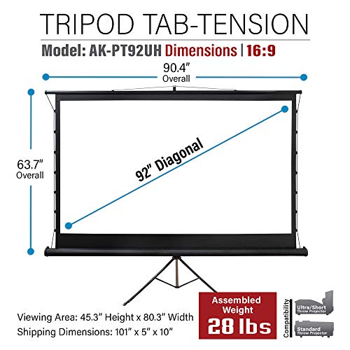 Akia Screens 92 Inch Tab Tension Portable Projector Screen With Stand And Bag, 4:3 16:9 8K 4K Hd, Black Retractable Projection Screen Pull Up For Outdoor Movie Home Theater Video Office, Ak-Pt92Uh #TOP2