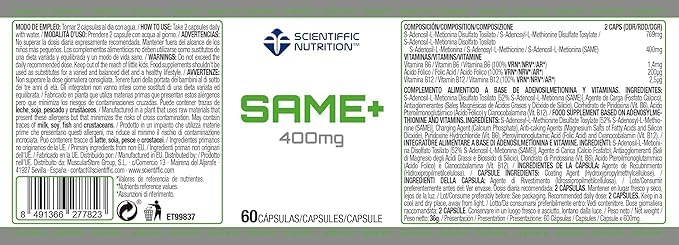 Scientiffic Nutrition - Same+, S-Adenosil Metionina 400mg es un Antioxidante que Ayuda al Cuidado del Hígado y el Sitema Hepático - 60 Cápsulas.