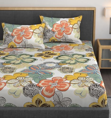 Image of Vaini Premium Heavy Cotton Elastic Fitted Bedsheets with 2 King Size Pillow Covers || Double Bed with All Around Elastic 350 (Cream Big Flower, 72x72 Inch King Fitted)