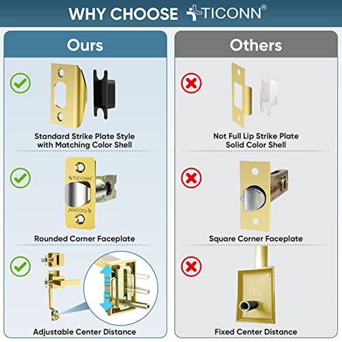 Image of TICONN Double Front Door Handle Set, Heavy Duty Square Door Lever and Single Cylinder Deadbolt Combo for Side by Side Entrance Exterior Doors (Polished Brass)
