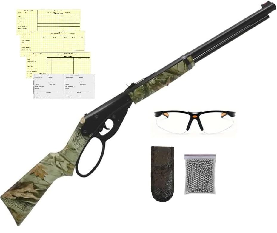 Pack Carabina de Aire Comprimido Daisy 1999 Lever Action. Escopeta de balines 1999 Camuflaje. Incluye: Tarjeta DE Armas, Gafas de protección, Funda, y balines