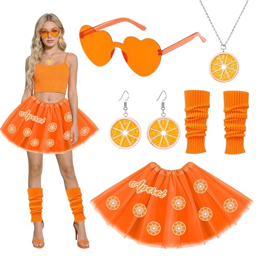 Eymobad Ensemble de costume orange pour femme pour le carnaval - avec lunettes de soleil en forme de cœur, jupe en tulle, boucles d'oreilles orange, collier, chaussettes
