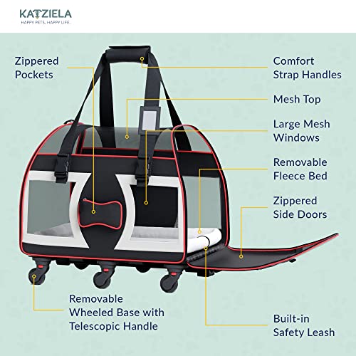 WPS Airline Approved Pet Carrier with Wheels for Small Dogs and Cats - Removable Fleece Bed, Soft Sided, Mesh Windows, Leash Clip, Handle, Carrying Strap - Bone Design – 11”x22”x16