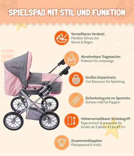 Bayer Chic 2000 - Puppenwagen Leni, 2in1 Kombipuppenwagen mit herausnehmbarer Tragetasche, Melange grau, rosa, 64 x 37 x 68 cm