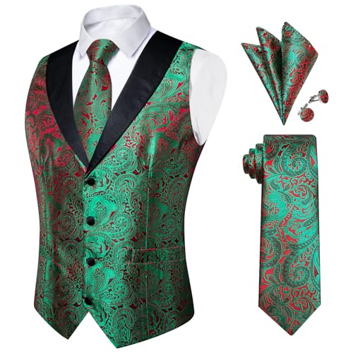 Image of DiBanGu Mens Paisley Vest Silk Sleeveless Suit Vest and Neck Tie Pocket Square Cufflinks Set for Wedding Formal
