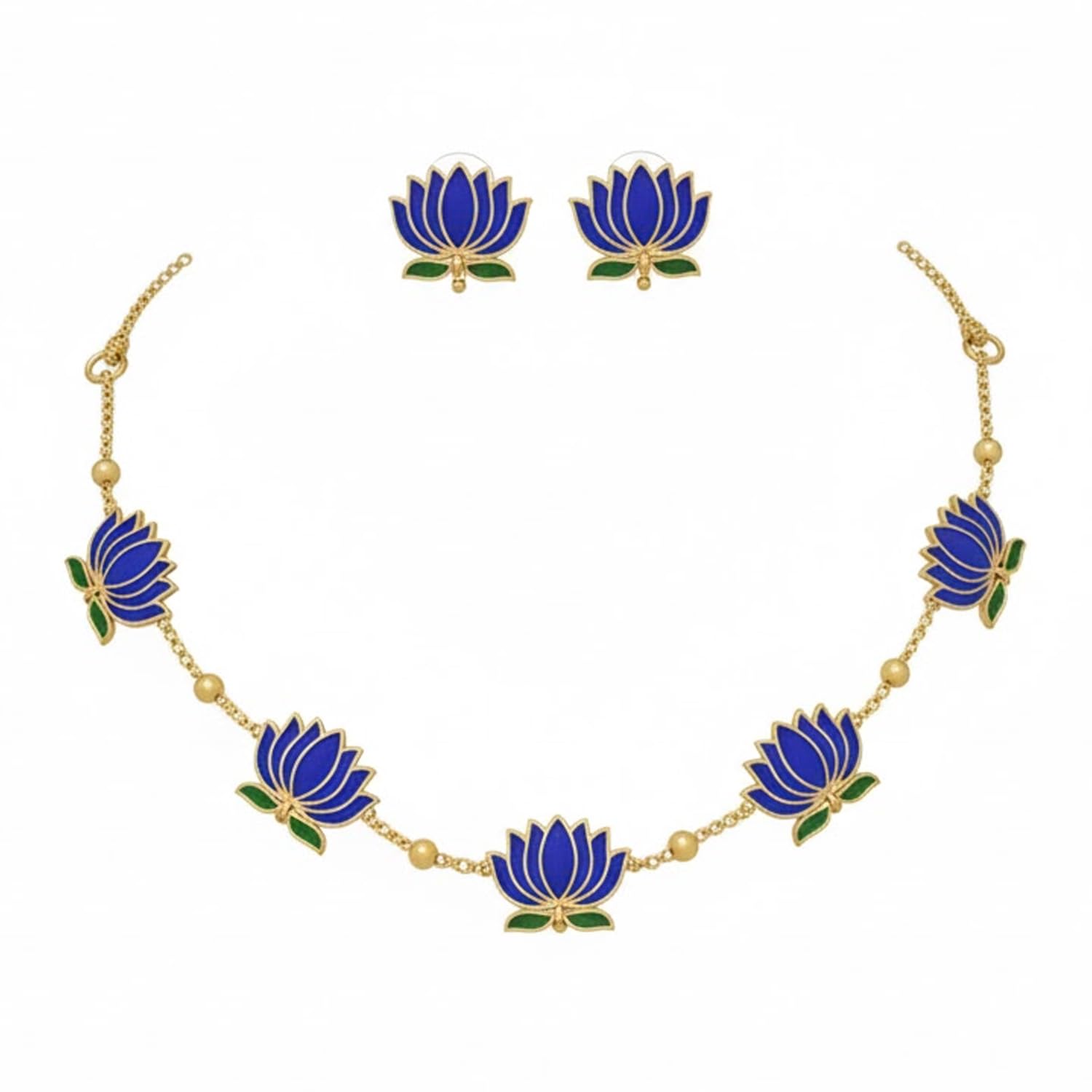 FASHIONS 18K Gold Plated Blue Enamel Lotus Flower Necklace Stud Earrings Anti Tarnish Adjustable Chain Floral Design Jewellery Set For Women & Girls-image-48