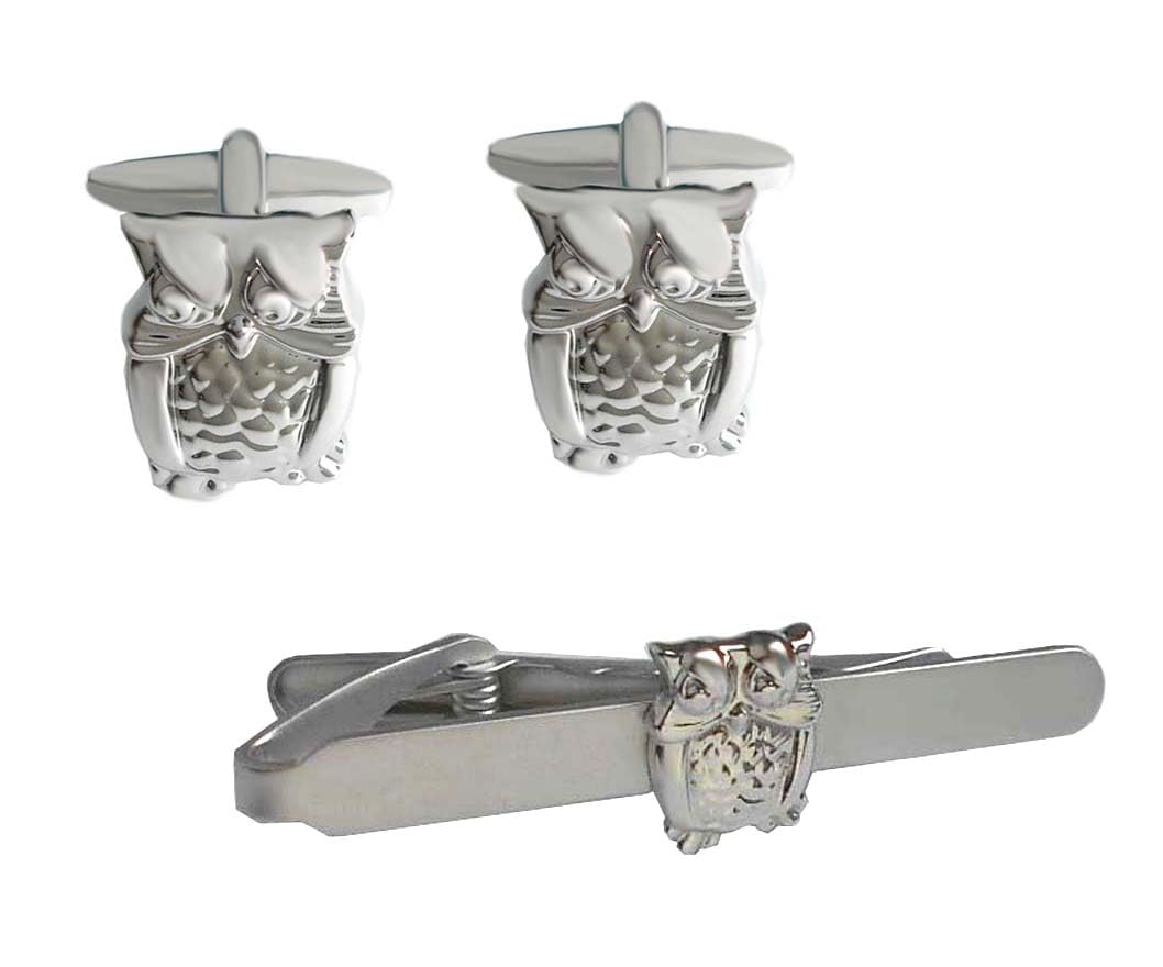 Eulen Set Manschettenknöpfe und kurze Krawattennadel 5,3 cm lang silbern glänzend + Geschenkboxen
