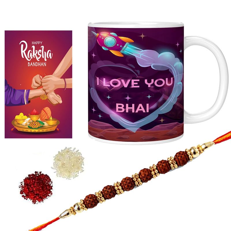 PrintingZone Raksha Bandhan Gifts Pack for Brother Designer Rakhi, Printed Coffee Mug, Happy Raksha Bandhan Theme Greeting Card, Roli Chawal(RM-43)