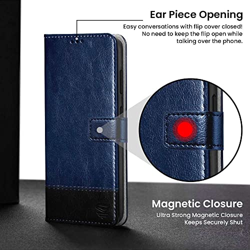 Image of FLIPPED Vegan Leather Flip Case Back Cover for Samsung Galaxy S23 5G (Flexible, Shock Proof | Hand Stitched Leather Finish | Card Pockets Wallet & Stand | Blue with Black)