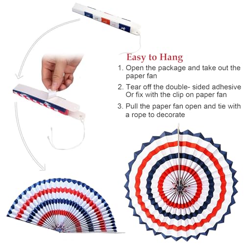Image of 9PCS 4th of July Decorations Red White and Blue Paper Fans, USA Pennant Bunting, Star Streamers, Patriotic Tablecloth for Fourth of July Party Supplies, Memorial Day Veterans Day Patriotic Decor