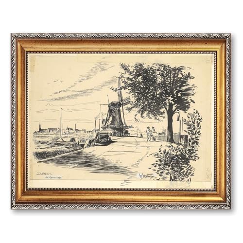 Vintage Framed Dutch Windmill Landscape Wall Art Canvas Print Oil