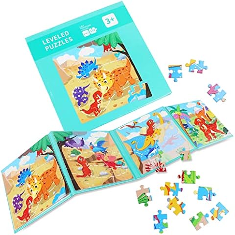 Magnetic Puzzles for Children,133 Pieces 4-in-1 Dinosaur Wooden Jigsaw Puzzles Book,Educational Toy for Children 3-8 Year Olds Cover