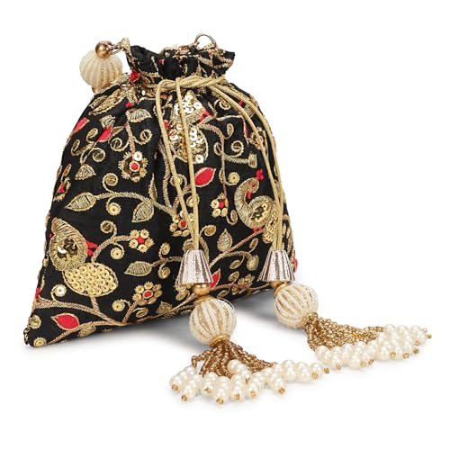Image of LONGING TO BUY Indian Embroidered Pearl Potli Bag For Women, Sequence Design with Tassel, Wedding Potli Bags