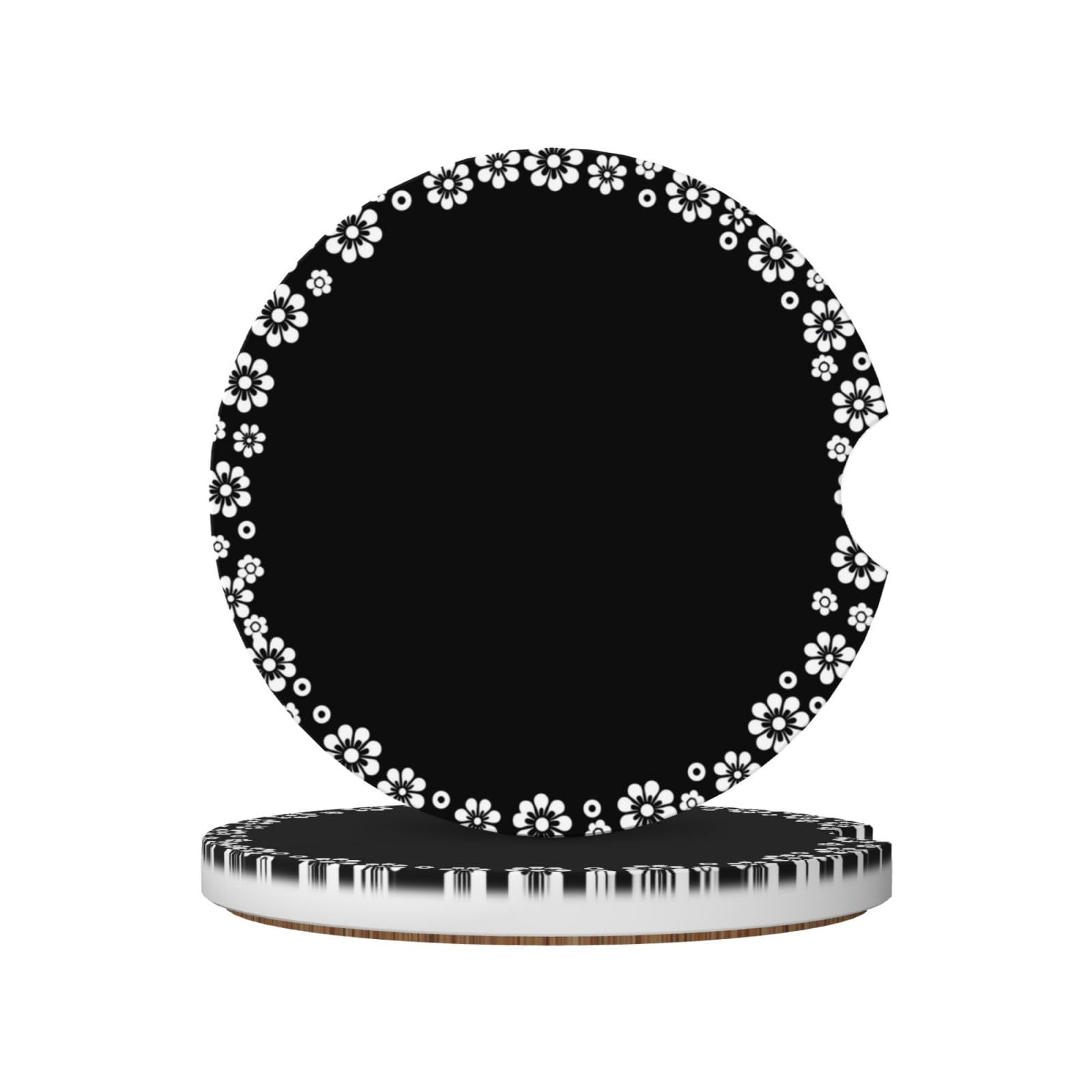 White Flowers Circle On Black Ceramic Coasters,2pcs