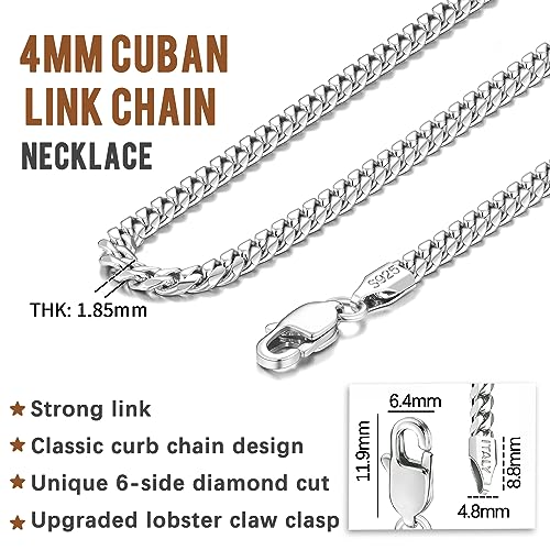 Solid 18K Over 925 Sterling Silver Chain for Men Women, 4mm Cuban Link Necklace, Hip-Hop & Cool Style, 16-26 Inch4