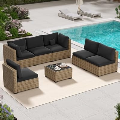 LHBcraft 7 Piece Patio Furniture Set, Outdoor Furniture Patio Sectional Sofa Set, All Weather PE Rattan Outdoor with Black Cushion and Glass Table