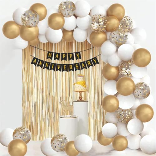 Image of Anniversary Balloon Decor Set with Happy Anniversary Banner & White, Golden Color for Parties Decorations, Celebrations & Special Occasions Elegant Decor for Memorable Events. 70 Pcs