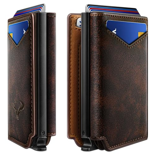 BULLIANT Men Wallet Leather Wallet Card Holders Money Clip for Men 10Cards-Magnetic Flip on Metal Case