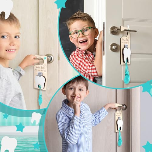 Image of DoubleFill Fairy Tooth Gift Holder Bag Door Hanger Lost Teeth Keepsake Box Tooth Fairy Kit Stores Back to School Gift for Lost Teeth Boy Girl Primary School Classroom Gifts(Classic,Lake Blue)