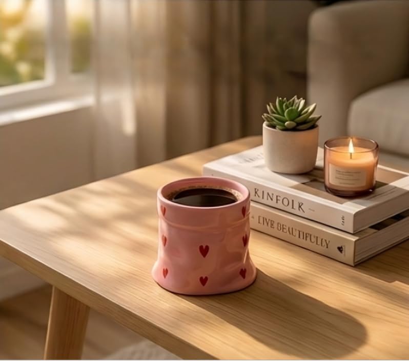 Image of Handmade Heart Print Ceramic Pouch Coffee Mug - Aesthetic Pink Tea Cup for Coffee Milk Espresso, Cute Pottery Style Designer Mug for Women Girls Home Cafe Use