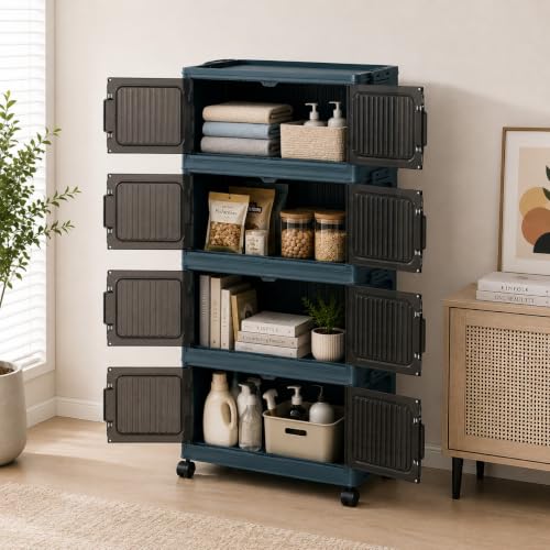 Image of TARKAN DIY Stackable Storage Cabinet with Wheels, 50x22x86 cm, 4-Tier Magnetic Door Organiser, Transparent Panels, Navy Blue