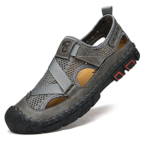 QINGCOMFACAI Mens Summer Casual Closed Toe Leather Handmade Sandals Outdoor Fisherman Beach Shoes For Outdoor Walking Driving