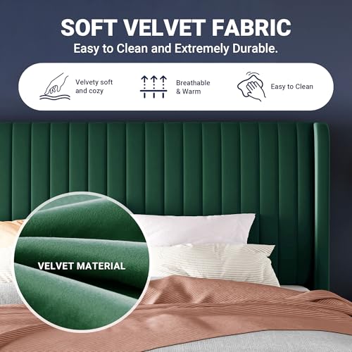 Image of Allewie Full Size Bed Frame /Velvet Upholstered Platform Bed /Vertical Channel Tufted Wingback Headboard /Strong Wooden Slats /No Box Spring Needed /Easy Assembly /Green