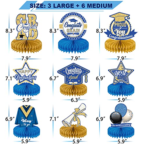 Graduation Party Decorations 9Pcs Graduation Centerpieces For Tables 2023 Grad Table Decorations Congrats Honeycomb Table Centerpiece Grad Table Toppers Graduation Party Favors Supplies (Blue Gold) #TOP2