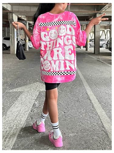 Image of SHENHE Girl's Letter Graphic Tie Dye Tshirts Plaid Crewneck Short Sleeve Loose Tee Top Pink 12Y