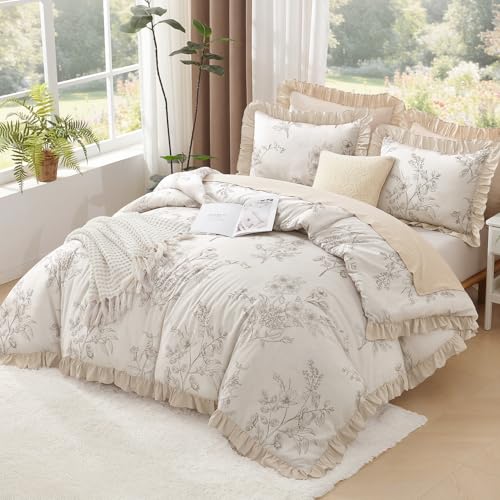 Image of Litanika Beige Brown Full Comforter Sets, 3 Pieces Khaki Ruffle Floral Farmhouse Bedding Comforter Sets, All Season Soft Lightweight Fluffy Microfiber Bed Set(79x90In Comforter, 2 Pillowcases)
