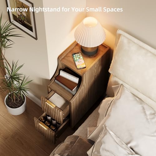 Image of Fluted Nightstands Set of 2,Narrow Bedside Table with 2 Drawers & Storage, Farmhouse Walnut End Table Modern Side Table for Bedroom Livingroom Sofa Office